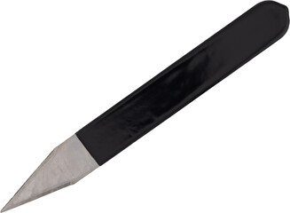 Black handle carving knife with sharp angled blade for clay work