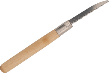 A serrated edge carving tool with wooden handle for shaping clay