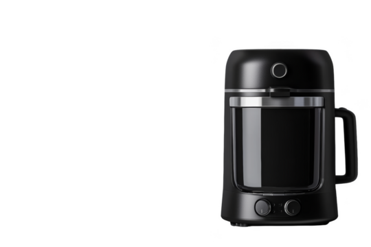 Modern kitchen appliance with a glass container and control knobs. Png, Transparent background.