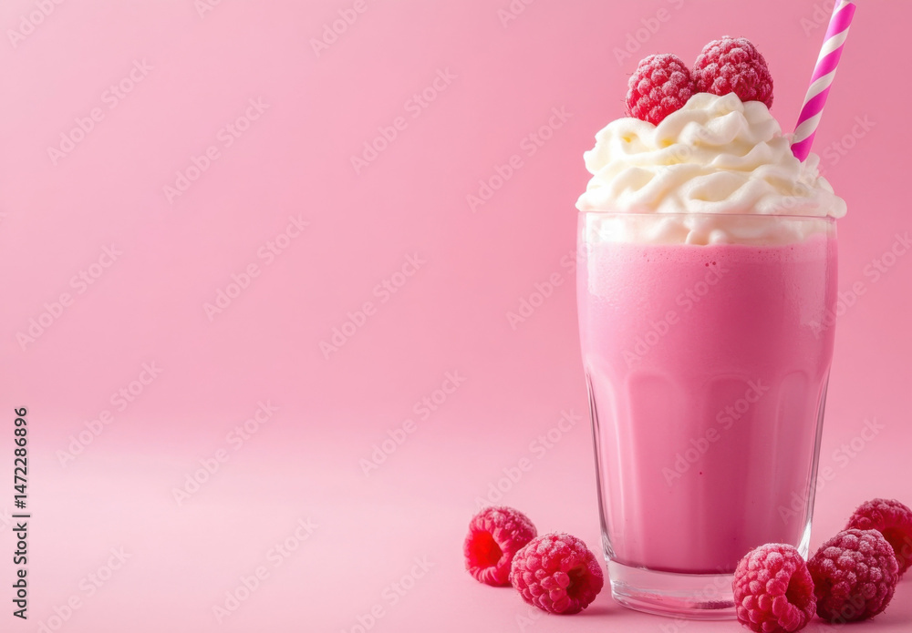 Poster delicious pink raspberry milkshake in a glass with whipped cream and fresh raspberries on a pink bac