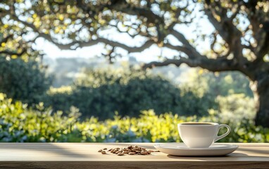 Coffee Break Serene Garden View with Beans  Warm Light