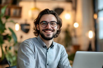 Fototapeta premium Young Man Smiling Confidently While Working on Laptop in Office