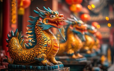 Obraz premium Golden Dragon Statues at Temple Entrance