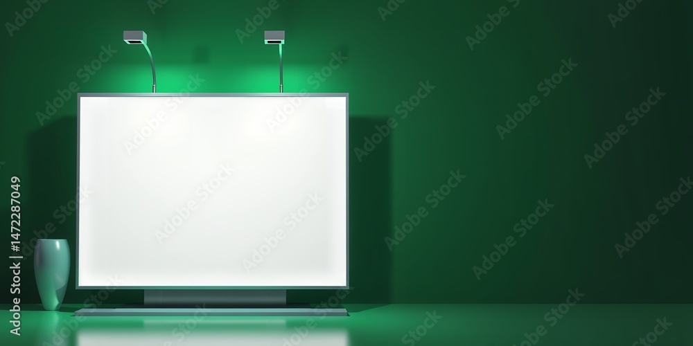 Poster white rectangular screen with two lights above and a vase on a green background scene setup