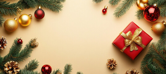 Festive Christmas flatlay featuring a red gift box with gold ribbon, surrounded by pine branches, gold and red ornaments, and pine cones on a beige background. : Generative AI