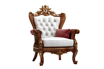 [Transparent Background PNG]Ornate Wooden Armchair with White Upholstery