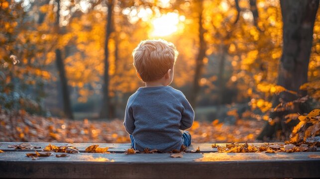 Child sits on park bench, autumn sun, golden leaves