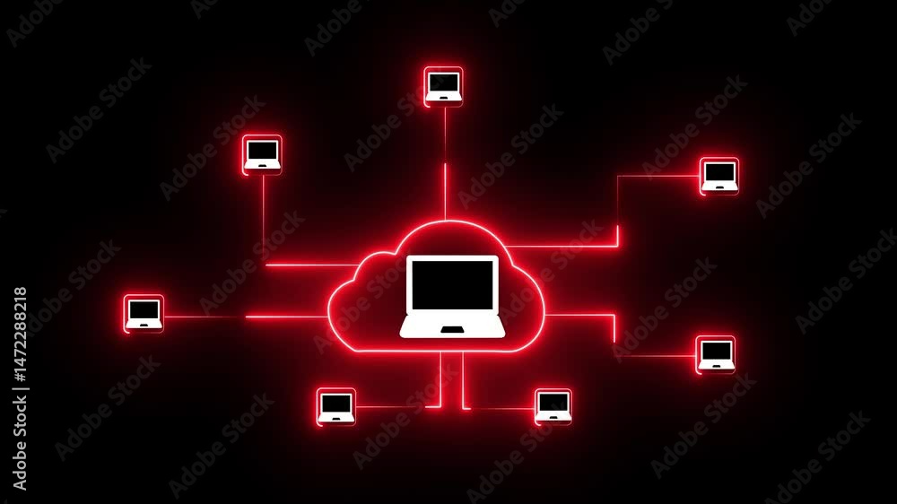 Poster network communication with laptop technology background. neon glowing computer network icon animatio
