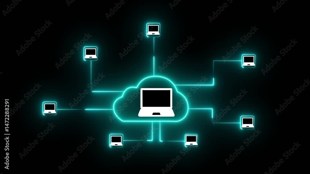 Poster network communication with laptop technology background. neon glowing computer network icon animatio