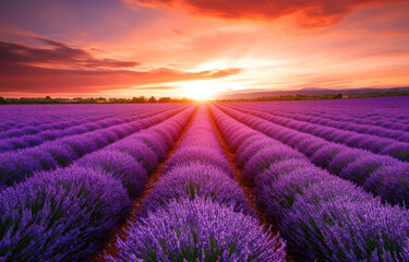 Obraz premium Vibrant lavender field at sunset, rows of purple flowers stretching towards a fiery orange sky, creating a breathtaking natural landscape. : Generative AI