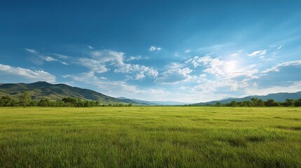 Obraz premium Expansive Green Grassland Under Clear Blue Sky in Scenic Landscape