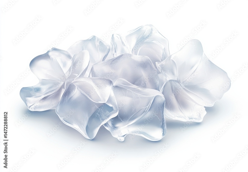 Poster a cluster of translucent ice cubes, shaped like delicate flower petals, rests on a pristine white su