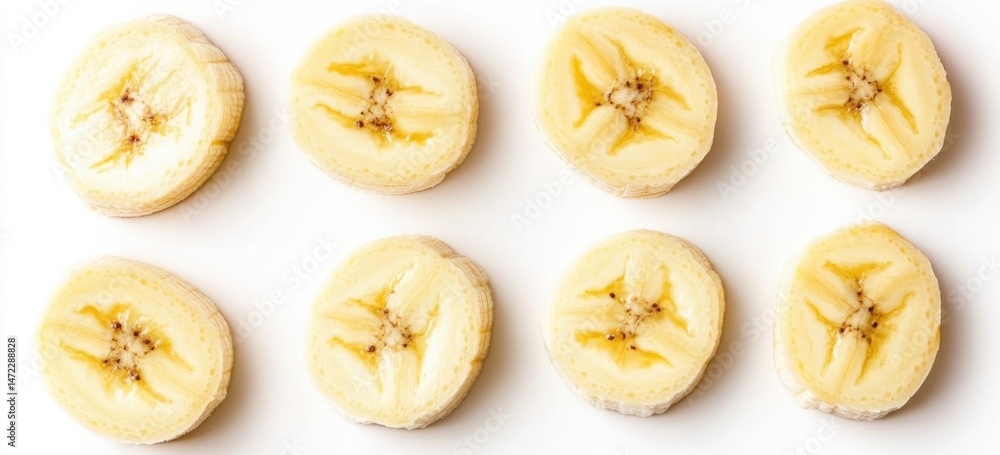 Poster eight perfectly sliced banana rounds arranged in a grid pattern on a white background, showcasing th