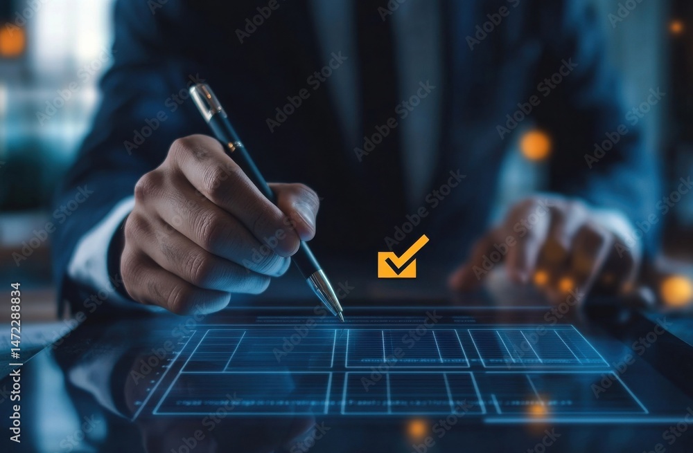 Poster Businessperson using stylus on digital tablet, reviewing data and checking items on a glowing interface.  Concept of online approval, digital signature, and modern workflow. : Generative AI