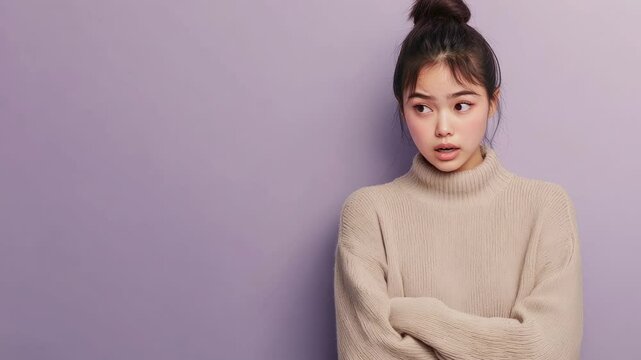Young woman feeling uncertain against purple background  