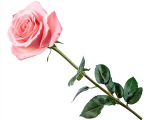 Obraz premium Delicate Pink Rose Bloom with Green Leaves Captured on White Background for Floral and Nature Themed Designs and Projects