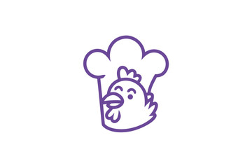 A charming purple outline illustration of a chicken character wearing a chef's hat for culinary concepts.