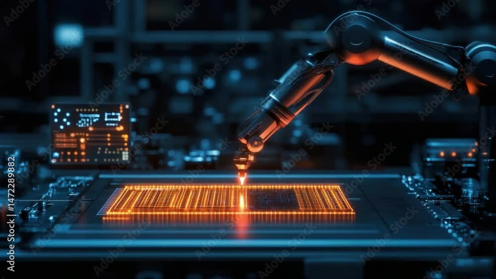 Poster advanced robotic arm working on a microchip circuit board in a futuristic technology lab with glowin