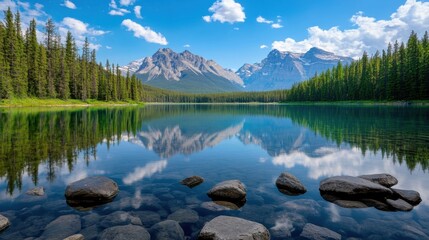 Serene mountain lake reflecting majestic peaks under a vibrant blue sky, surrounded by lush evergreen forest and clear, shallow water with smooth rocks. : Generative AI