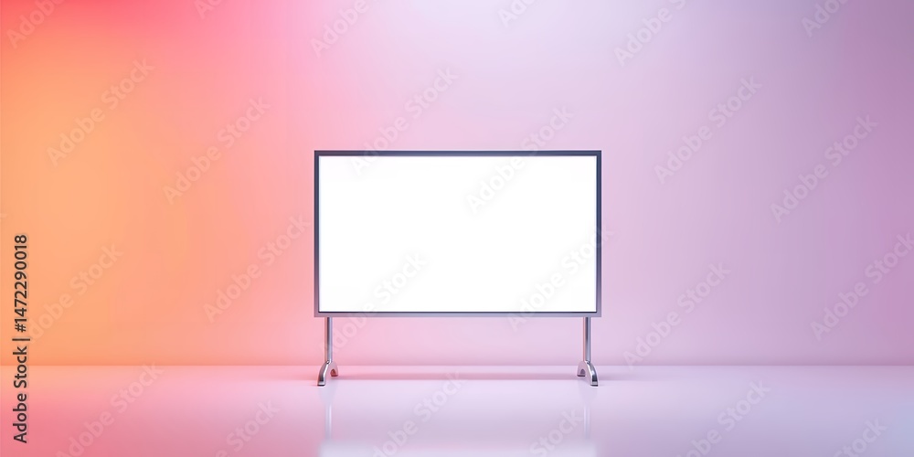 Poster presentation screen with white display on a stand against a gradient pink background light