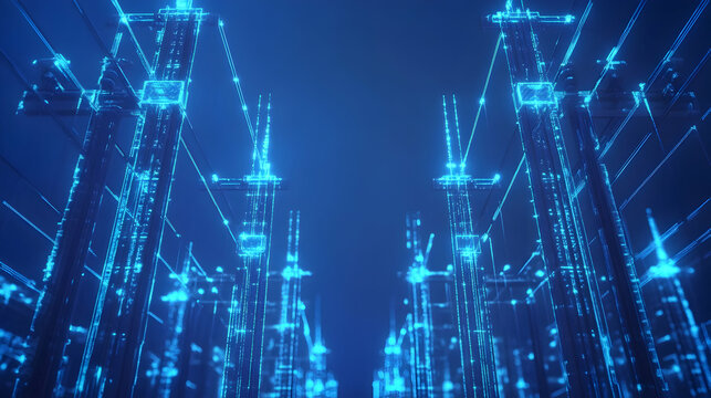 Futuristic Digital Cityscape with Neon Blue Power Lines and Towers