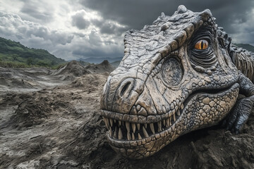 Close Up Of Prehistoric Reptile Head Against Dramatic Sky