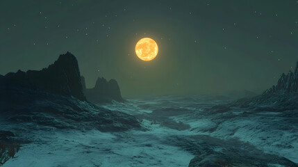 Enigmatic Landscape under a Bright Full Moon at Night