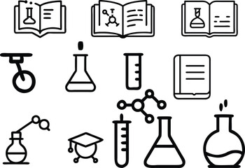 Obraz premium Science & Education Icon Set – 12 Unique Symbols Representing Chemistry, Laboratory Tools, Books & Academic Learning – Perfect for Research, STEM Studies & Digital Illustrations