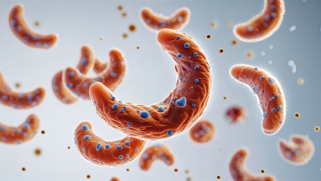 Microscopic Toxoplasma gondii crescent-shaped cell with visible nucleus, floating on white background
