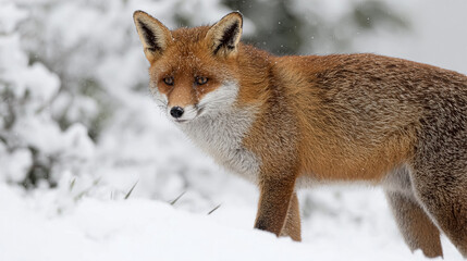 A young red fox with a bushy tail standing on top of a rock in autumn.