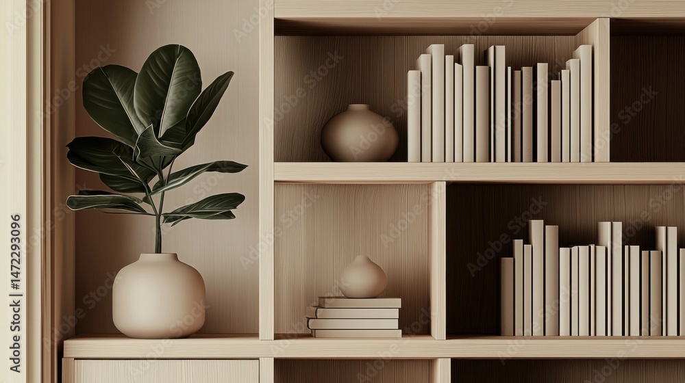 Poster a minimalist beige bookshelf displays a ficus plant in a ceramic pot, alongside neatly arranged book