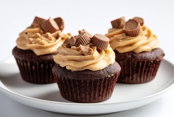 Delicious chocolate cupcakes topped with creamy peanut butter frosting and chocolate pieces, perfect for dessert and sweet treats lovers