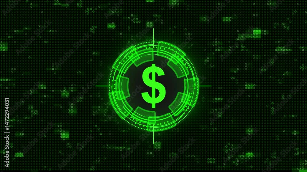 Poster concept of dollar crypto currency shown on digital neon tech background to represent blockchain, fut