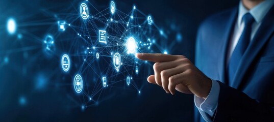 Businessman interacts with a futuristic digital network interface, showcasing interconnected nodes representing data, communication, and global connectivity. : Generative AI