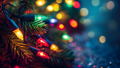 Blurred view of festive lights on dark background. Bokeh effect