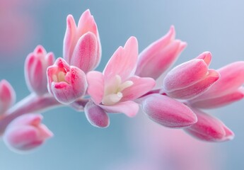 Fototapeta premium Closeup of delicate pink flowers, soft pastel hues, blooming on a slender stem, creating a serene and romantic floral image. : Generative AI