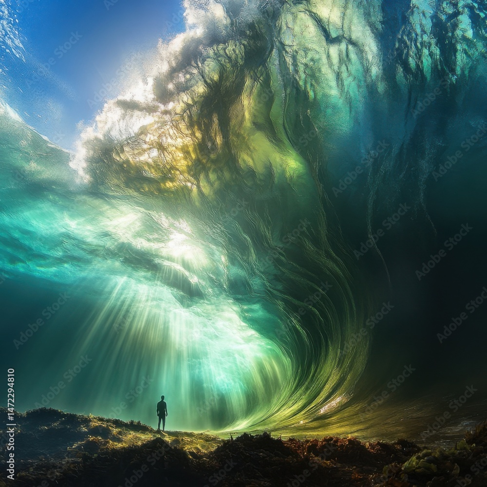 Poster a lone figure stands silhouetted against a colossal, translucent wave, bathed in ethereal sunlight f