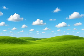 Fototapeta premium Rolling green hills under a vibrant blue sky with scattered fluffy white clouds. Peaceful natural landscape ideal for backgrounds, presentations, or seasonal designs.
