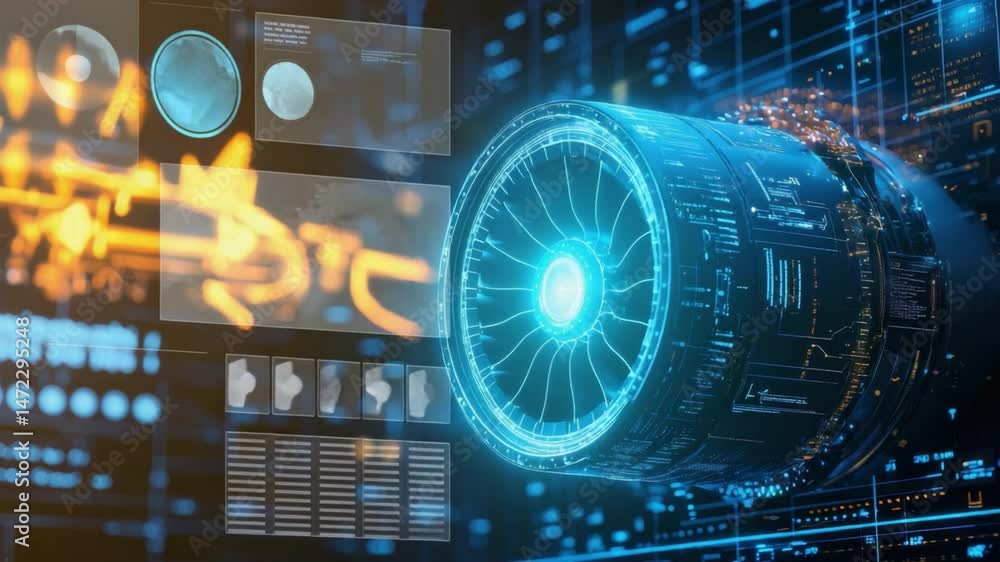 Poster futuristic engine design with digital interface and high-tech elements for advanced aerospace and au