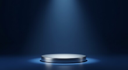 Empty silver podium with spotlight on dark blue background