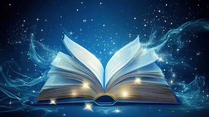 Open magic book with glowing stars and light streaks on dark blue.