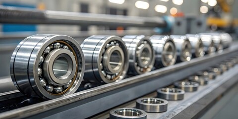 Industrial Precision Close-up view of high-quality ball bearings on a conveyor belt in a factory setting, showcasing meticulous engineering and manufacturing.