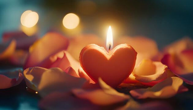 Heart shaped candle light between rose petals. concept of love and mourning