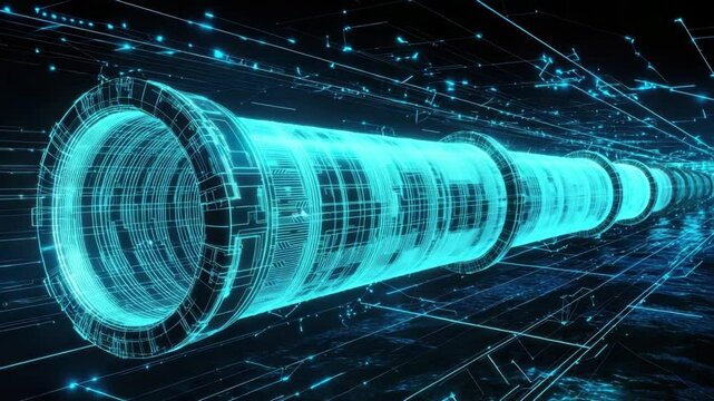 Futuristic Digital Pipeline with Glowing Elements and Data Streams in a High-Tech Environment 4k video footage