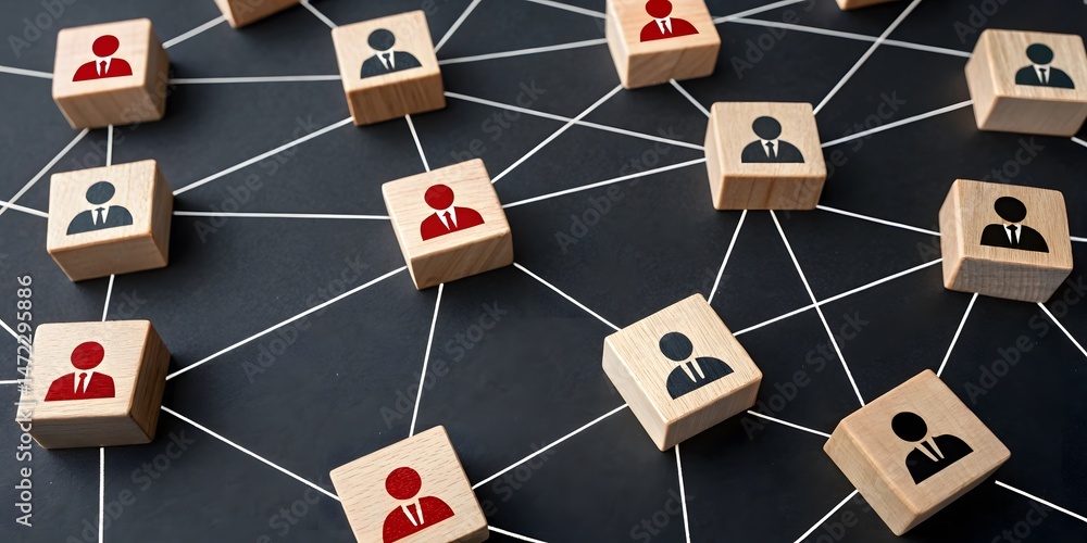 Poster interconnected wooden blocks illustrate complex network relationships symbolizing collaboration and 