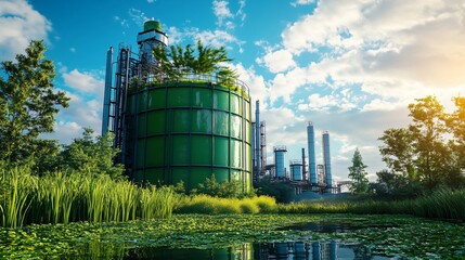 futuristic biogas reactor with transparent glass showing internal fermentation, environmental technology for clean energy