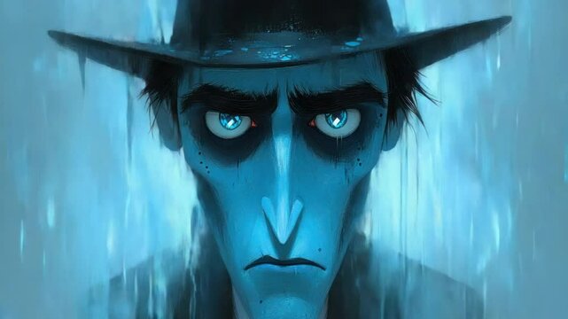Close-up of a stylized, intense,  blue character with a dark hat and intense eyes.  Watery, light blue backdrop
