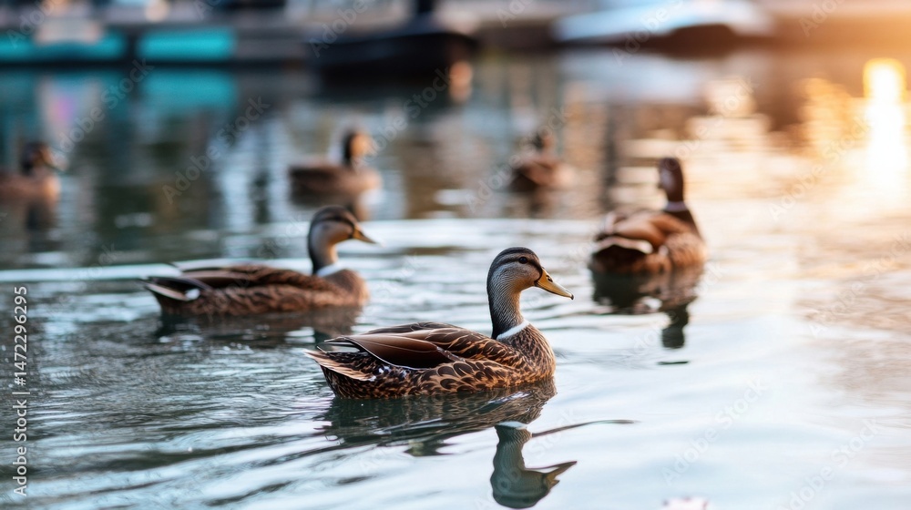 Poster a mallard duck floats serenely on calm water at sunset, other ducks visible in soft focus in the bac