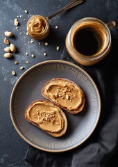 Delicious slices of whole grain bread topped with creamy peanut butter, served on a stylish plate, garnished with crushed peanuts and a jar of spread