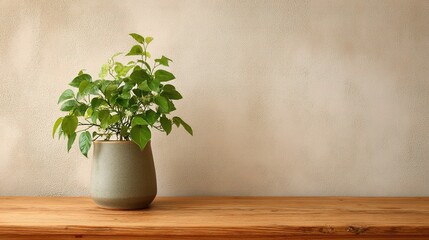 Lush Green Leaves in Ceramic Pot on Wooden Table against Neutral Background